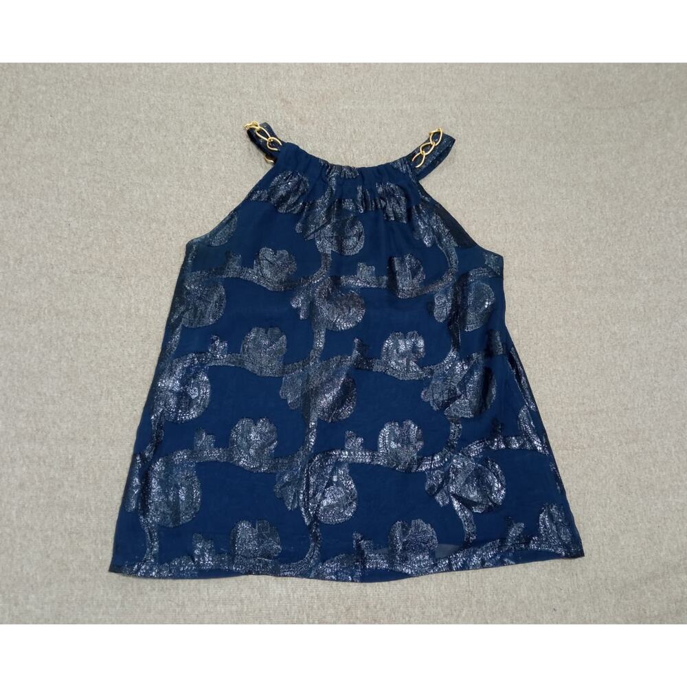 Jade Melody Women's Blouse Top Blue Metallic Floral Pattern Gold Chain Straps S